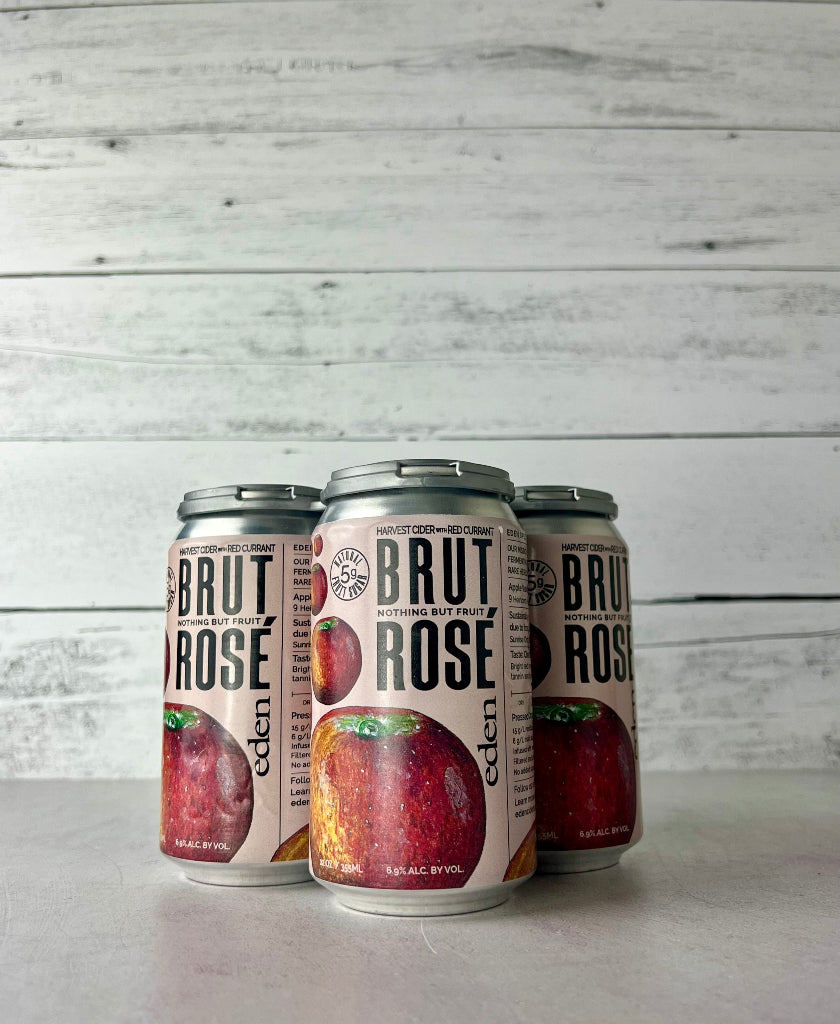 4-pack of 12 oz can sof Eden Brut Rosé Harvest Cider with Red Currant