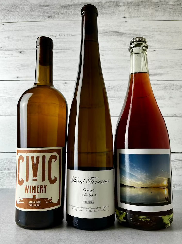 Three 750 mL bottles of cider - Civic Winery Amphora Aged Cidre, Floral Terranes Outlands, Piquenique Pinotosh