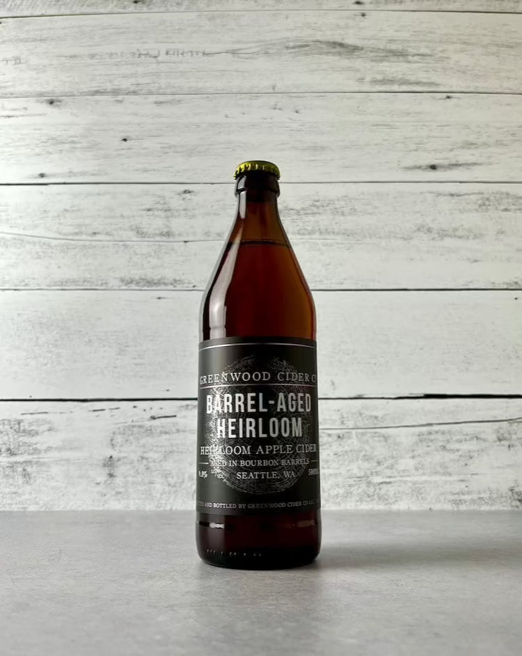 500 mL bottle of Greenwood Cider Co. Barrel-Aged Heirloom - Heirloom Apple Cider aged in Bourbon Barrels - Seattle, WA