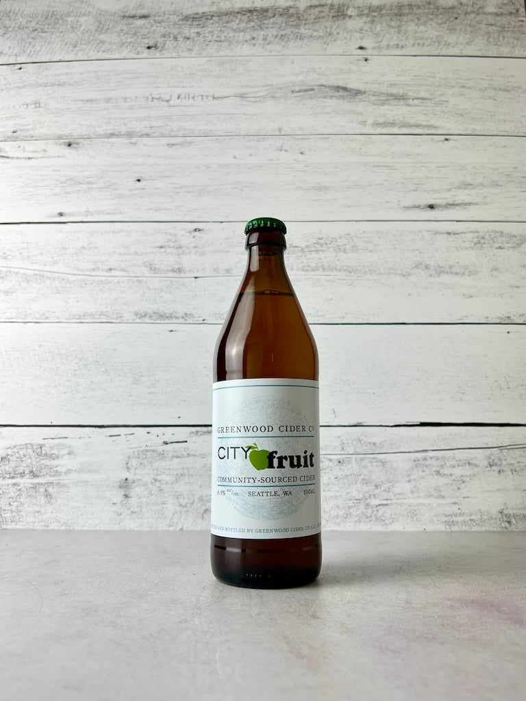 500 mL bottle of Greenwood Cider City Fruit Community Sourced Cider