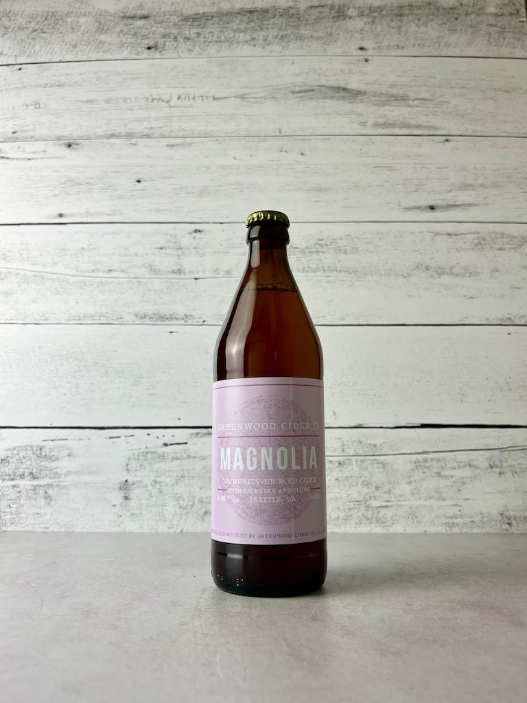 500 mL bottle of Greenwood Cider Magnolia Cider - Community Sourced Cider with Lavender and Plums