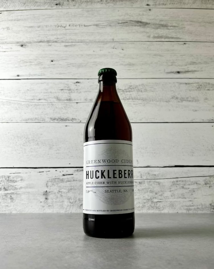 500 mL bottle of Greenwood Cider Huckleberry cider - Seattle, WA