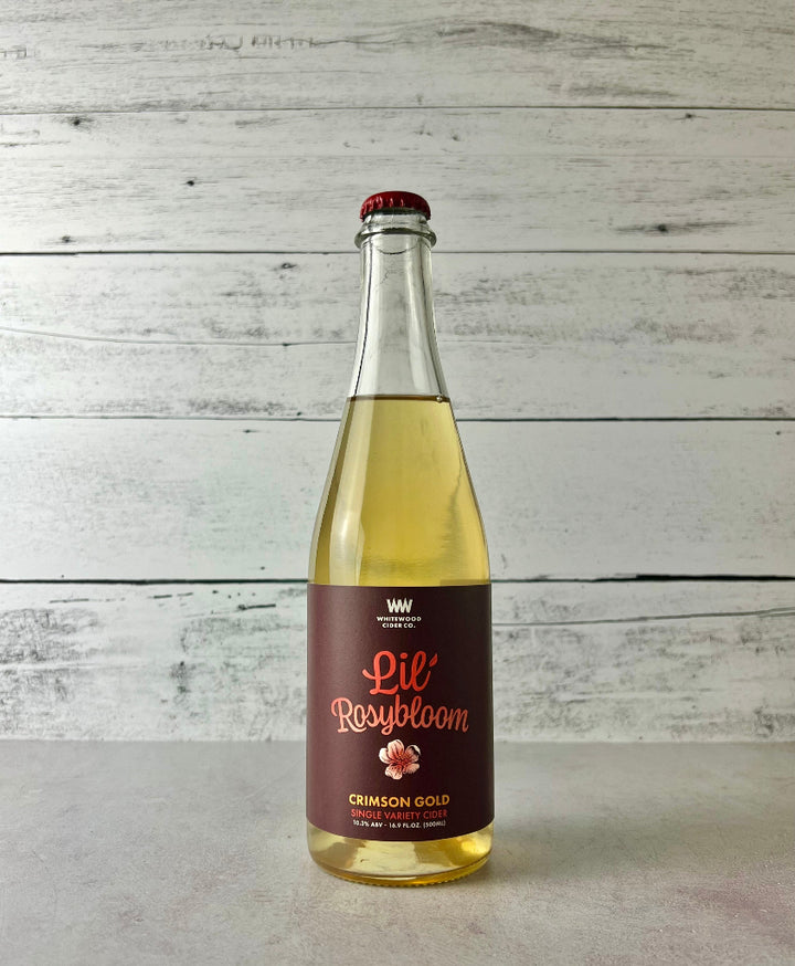 500 mL bottle of Whitewood Cider Lil' Rosybloom Crimson Gold Single Variety Cider