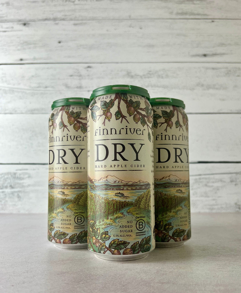 Photo of a 4-pack of 16 oz cans of Finnriver Dry Hard Apple Cider - Certified B Corp - No Added Sugar