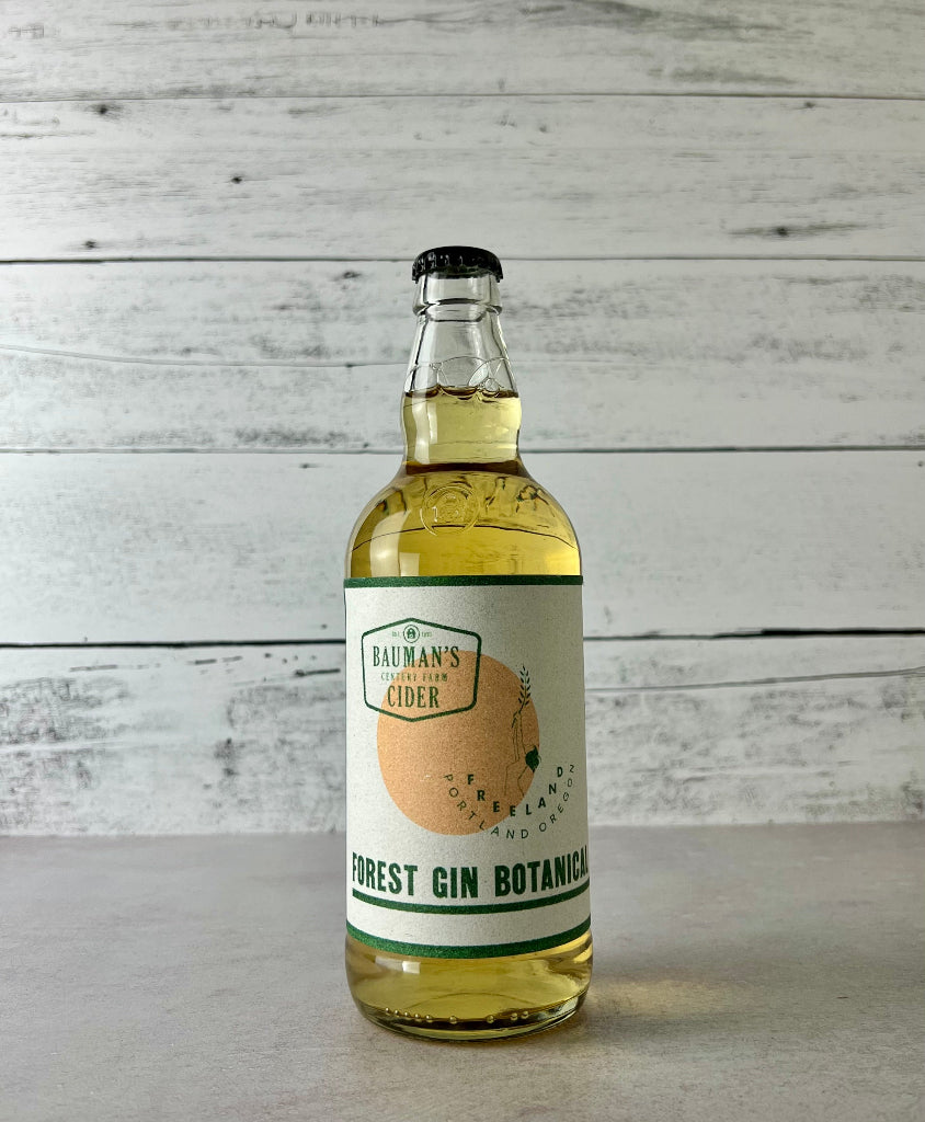 Photo of a 500 mL bottle of Bauman's Century Farm Cider Forest Gin Botanical cider