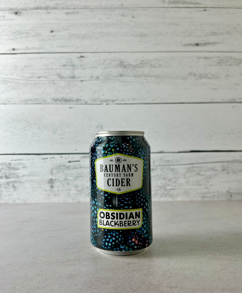 Photo of a 12 oz can of Bauman's Century Farm Cider - Obsidian Blackberry 