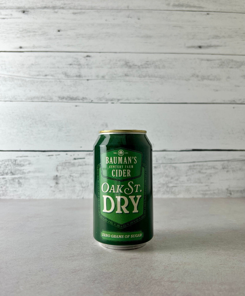 Photo of a 12 oz can of Bauman's Cider Oak St. Dry - Zero Grams of Sugar