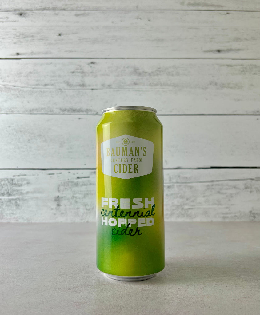 Photo of a 16 oz can of Bauman's Century Farm Cider Fresh Centennial Hopped Cider