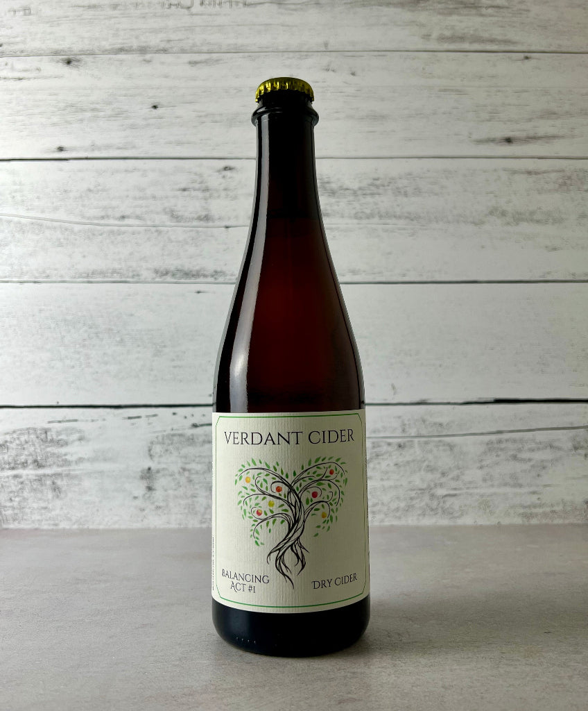 Photo of a 500 mL bottle of Verdant Cider Balancing Act #1 Dry Cider