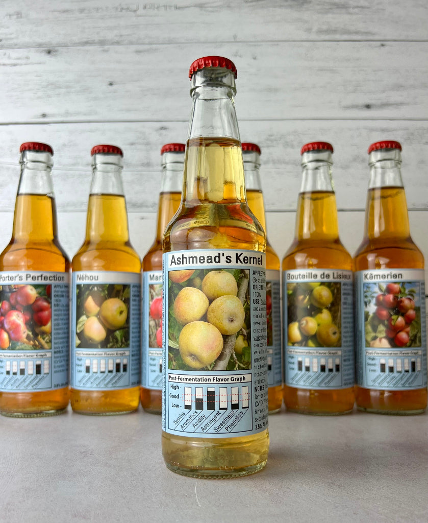 Ashmead's Kernel single varietal cider with post-fermentation flavor graph on label, including levels of tannins, aromatics, acidity, astringent, sweetness, and phenolics