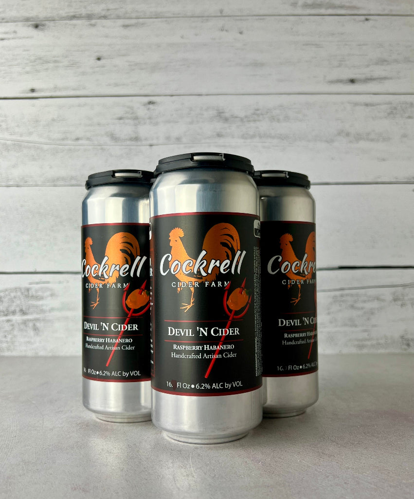4-pack of 16 oz cans of Cockrell Cider Farm Devil 'N Cider Raspberry Habanero Handcrafted Artisan Cider
