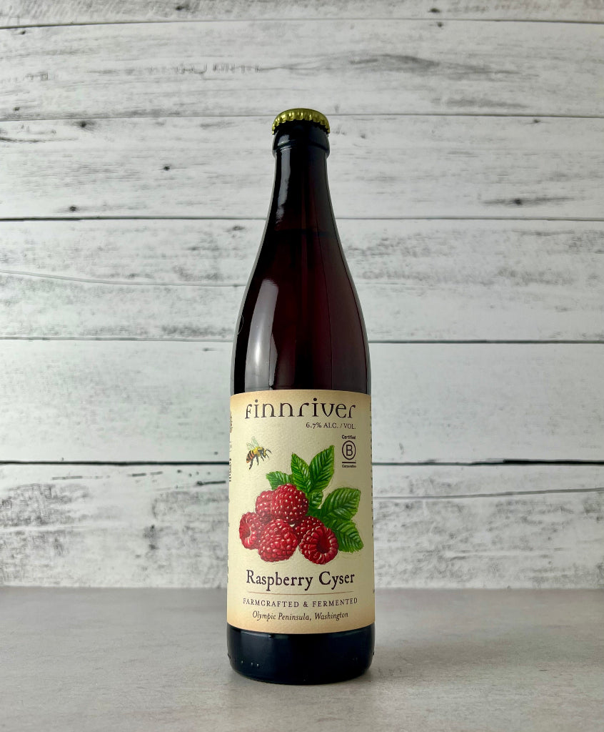 photo of a 500 mL bottle of Finnriver Raspberry Cyser - Farmcrafted & Fermented - Olympic Peninsula, Washington