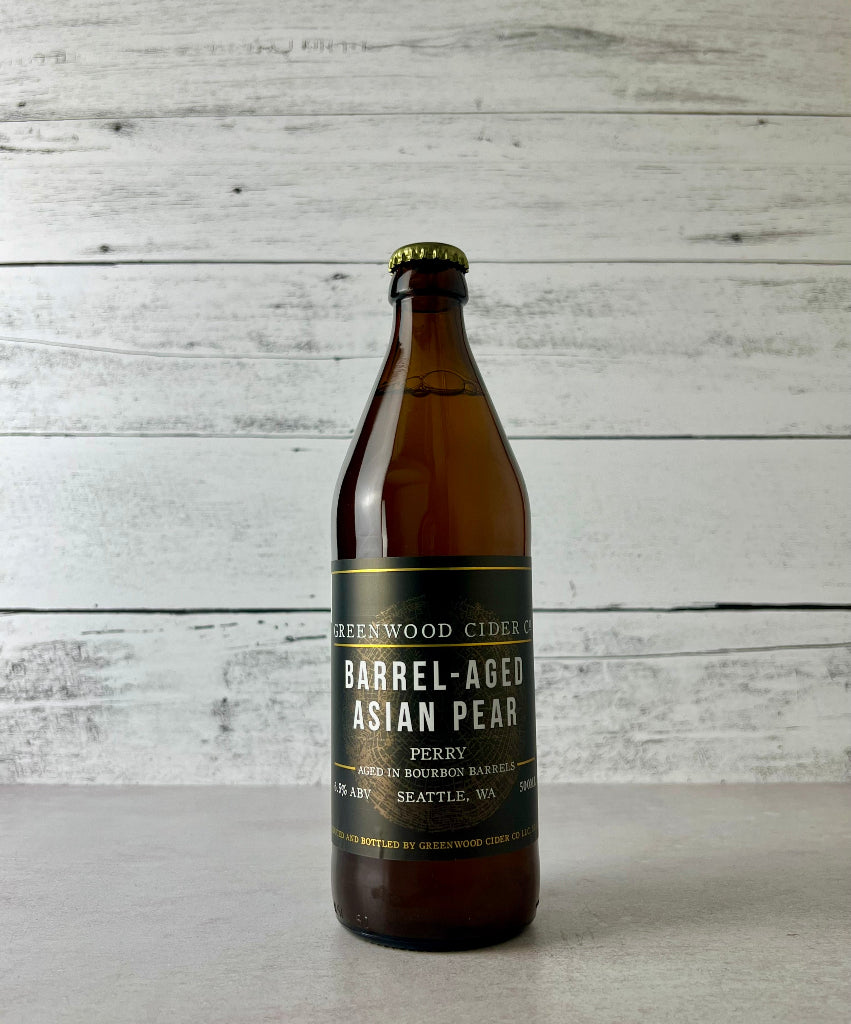 Photo of a 500 mL bottle of Greenwood Cider Barrel-Aged Asian Pear perry - Aged in Bourbon Barrels - Seattle, WA