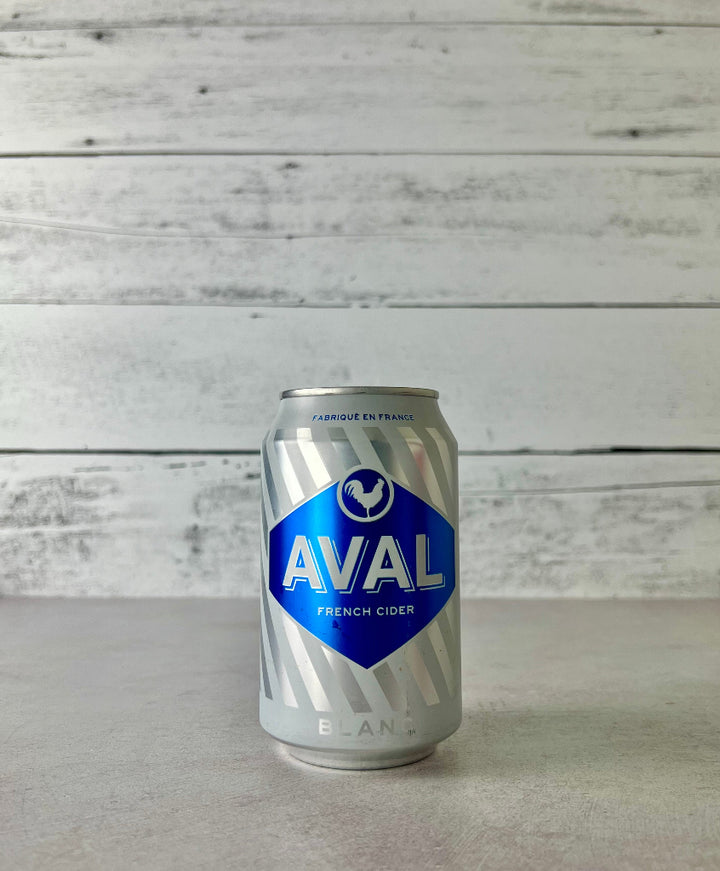 Photo of a 12 oz silver and blue can of Aval French Cider - Blanc