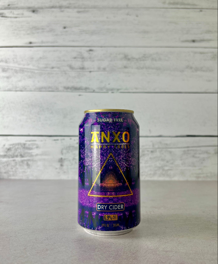 Photo of a 12 oz can of Anxo Happy Trees Dry Cider