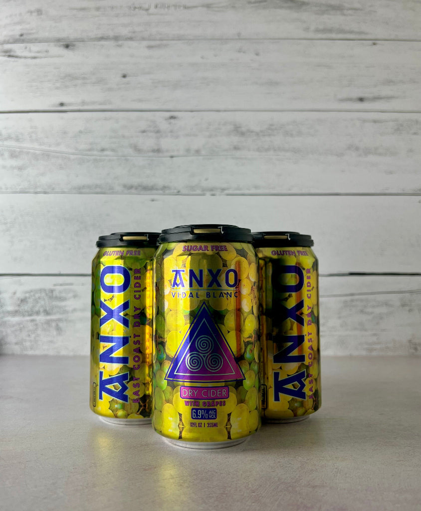 Photo of a 4-pack of 12 oz cans of Anxo Cider Vidal Blanc Dry Cider with Grapes