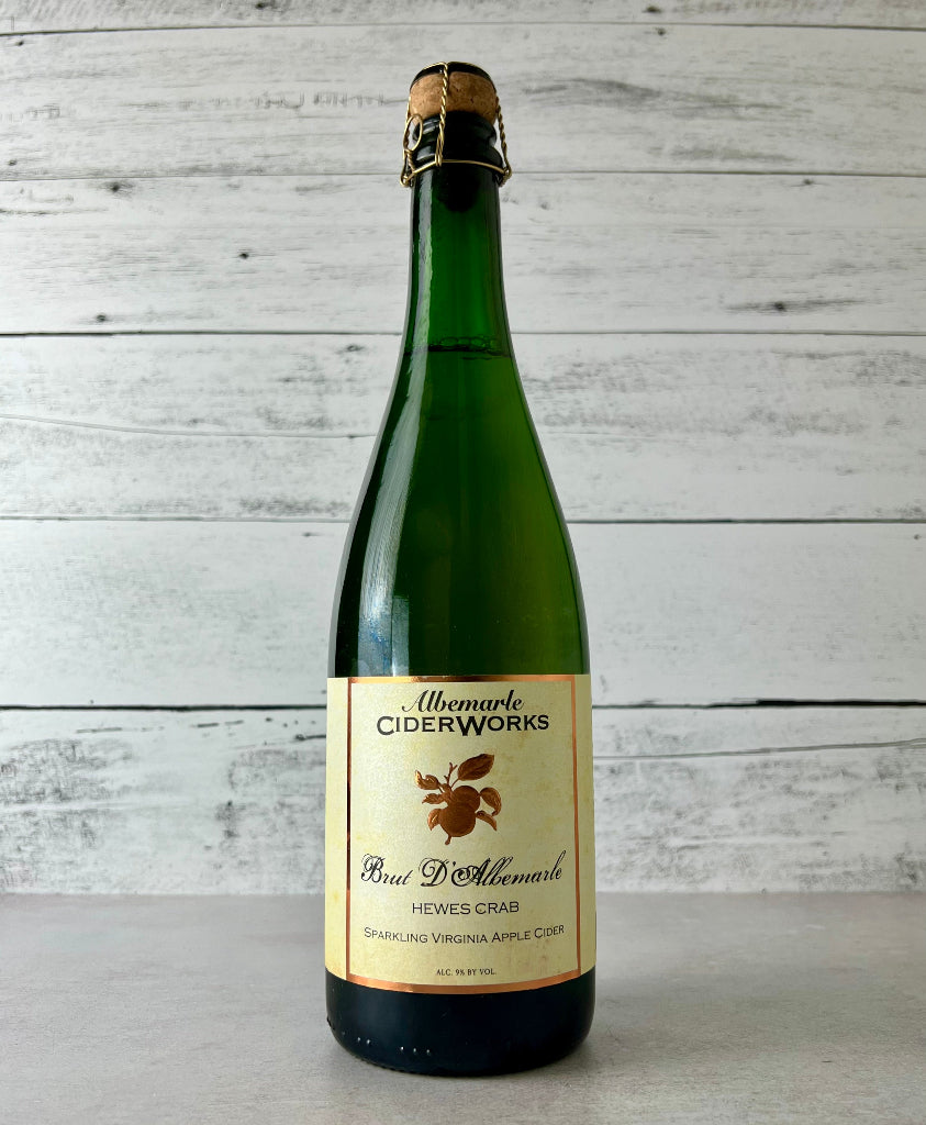 Photo of a 750 mL cork and cage bottle of Albemarle Ciderworks Brut D'Albemarle Hewes Crab Sparkling Virginia Apple Cider