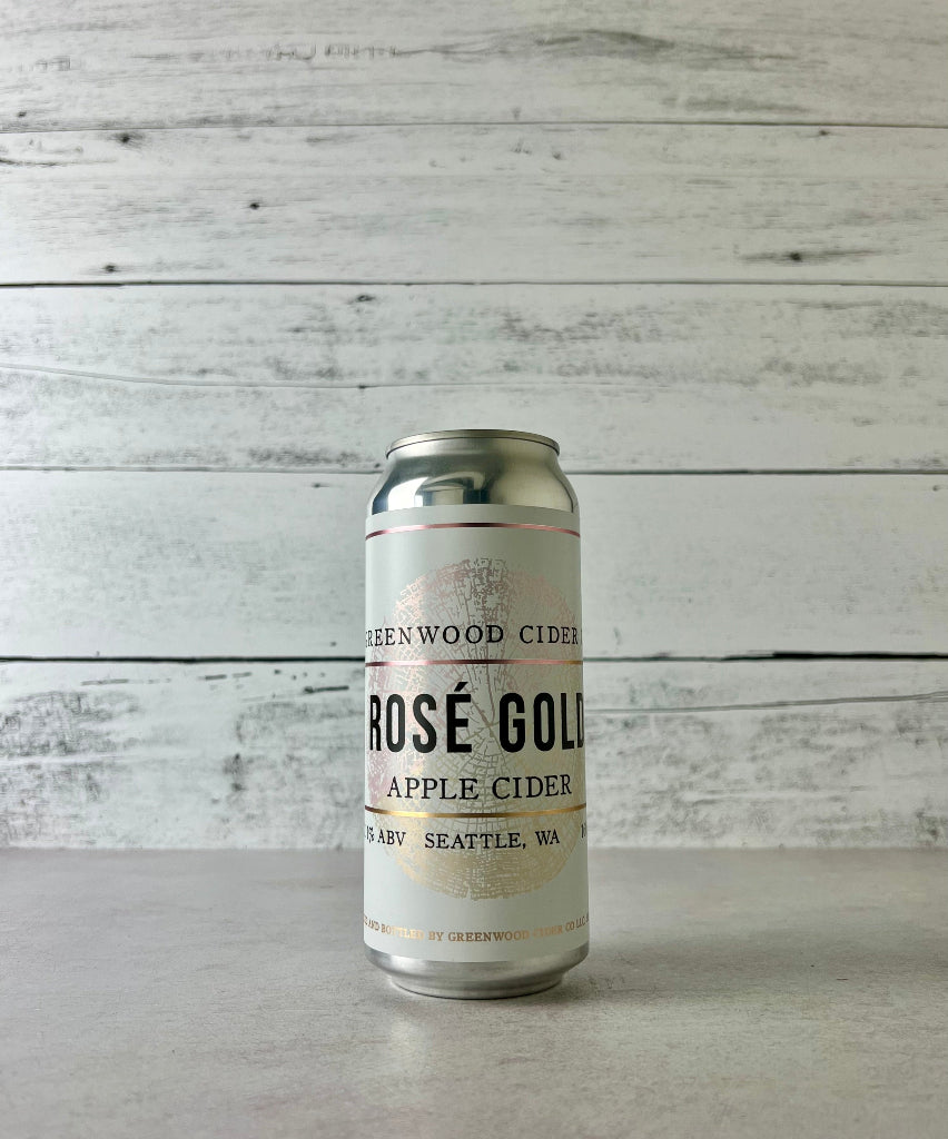 Photo of a 16 oz can of Greenwood Cider Rosé Gold Apple Cider