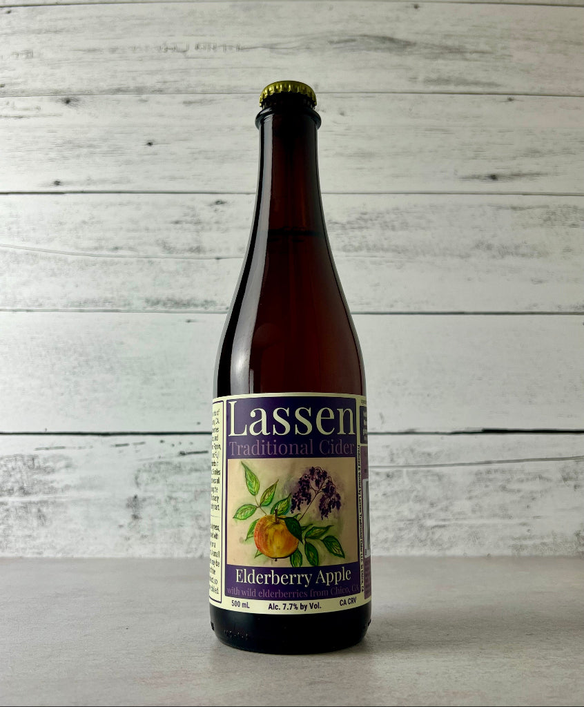 Photo of a 500 mL bottle of Lassen Traditional Cider - Elderberry Apple