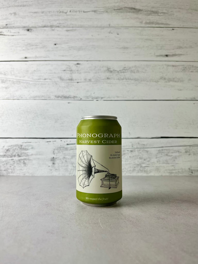 12 oz green can of Phonograph Harvest Cider Un-Sweet