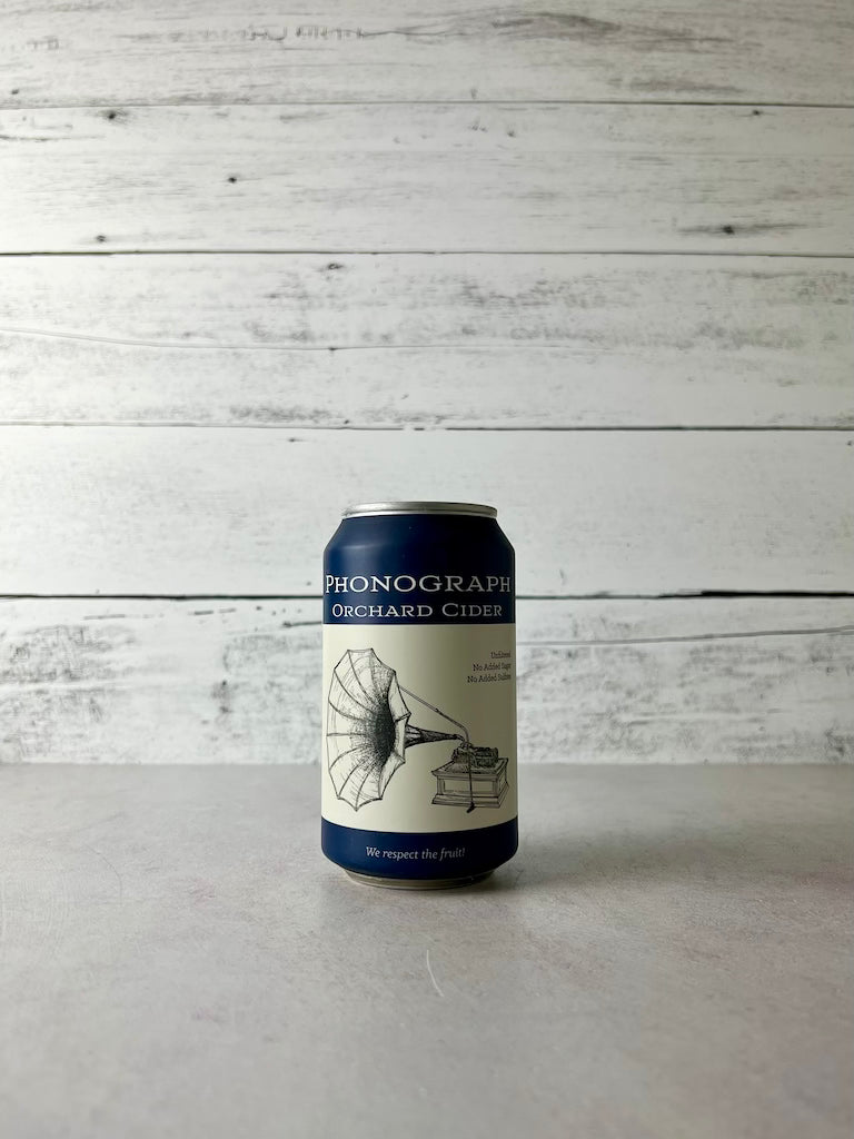 12 oz blue can of Phonography Orchard Cider