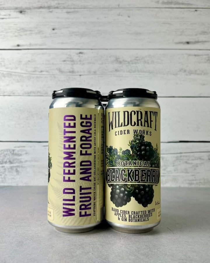4-pack of 16 oz cans of Wildcraft Cider Works Botanical Blackberry - Hard Cider crafted with apples, blackberries, & gin botanicals. Wild Fermented Fruit and Forage