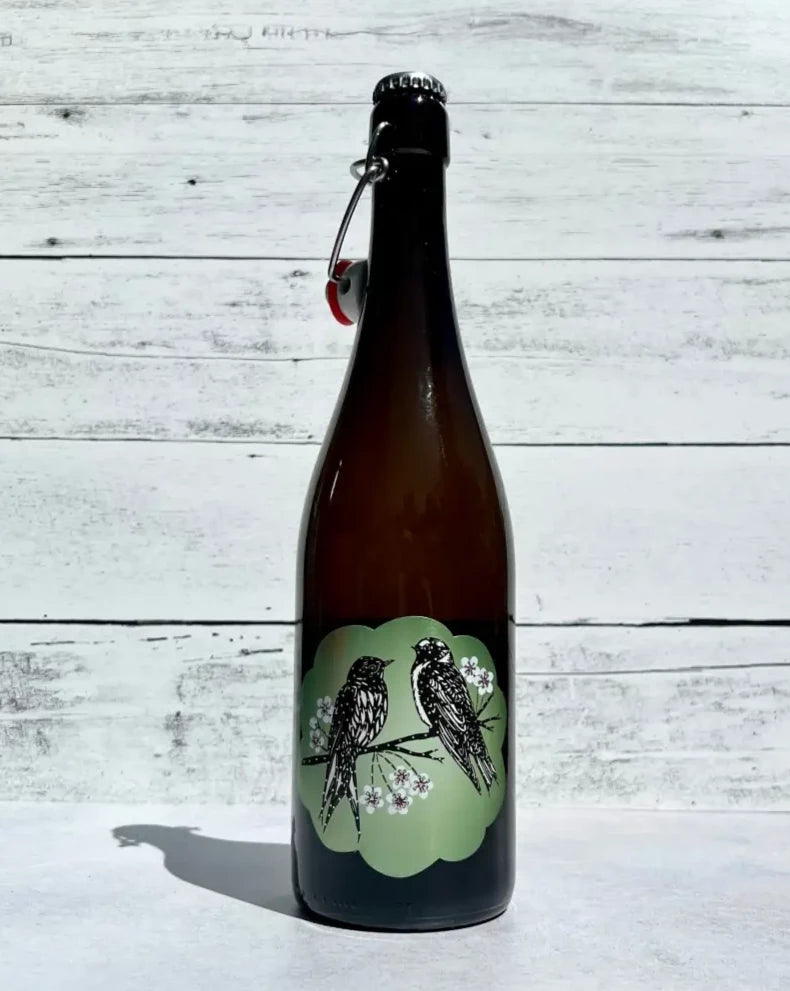 750 mL bottle of Art + Science Pilfered Perry with artwork of two birds on a branch on front label