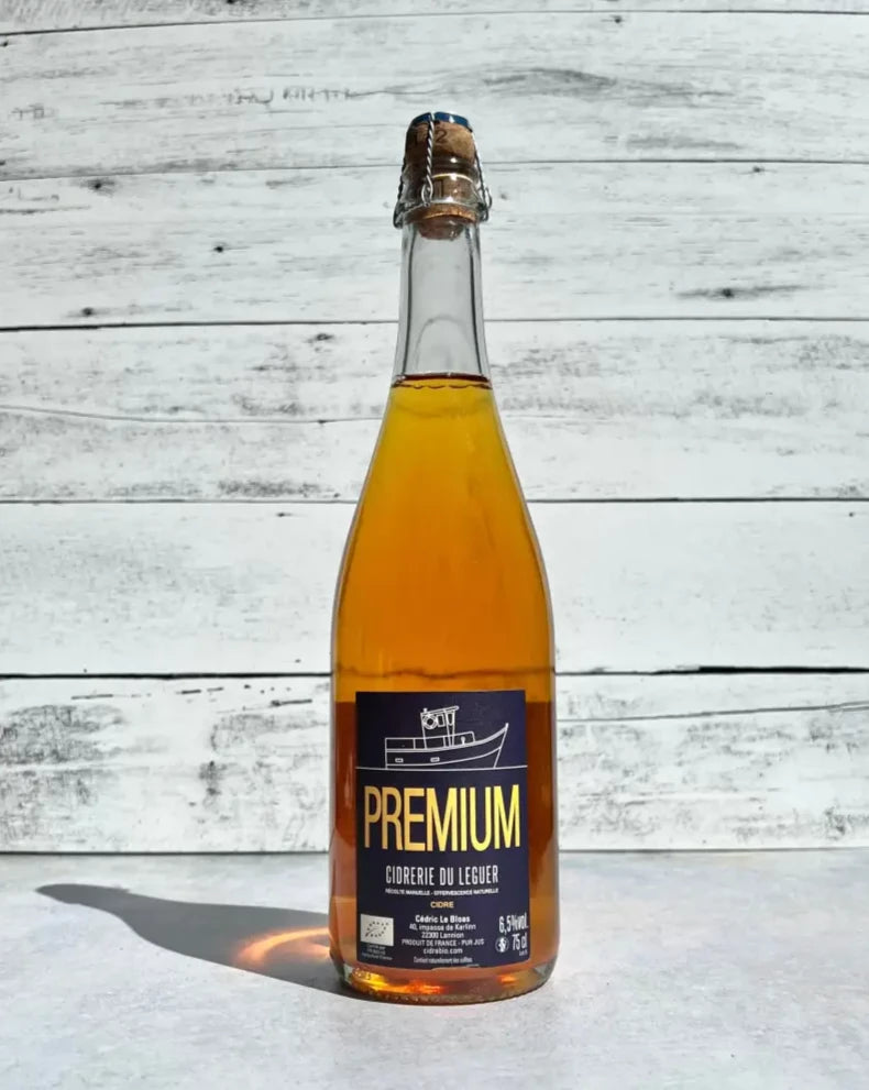 750 mL bottle of Cidrerie du Leguer Premium Cider with cork and cage top
