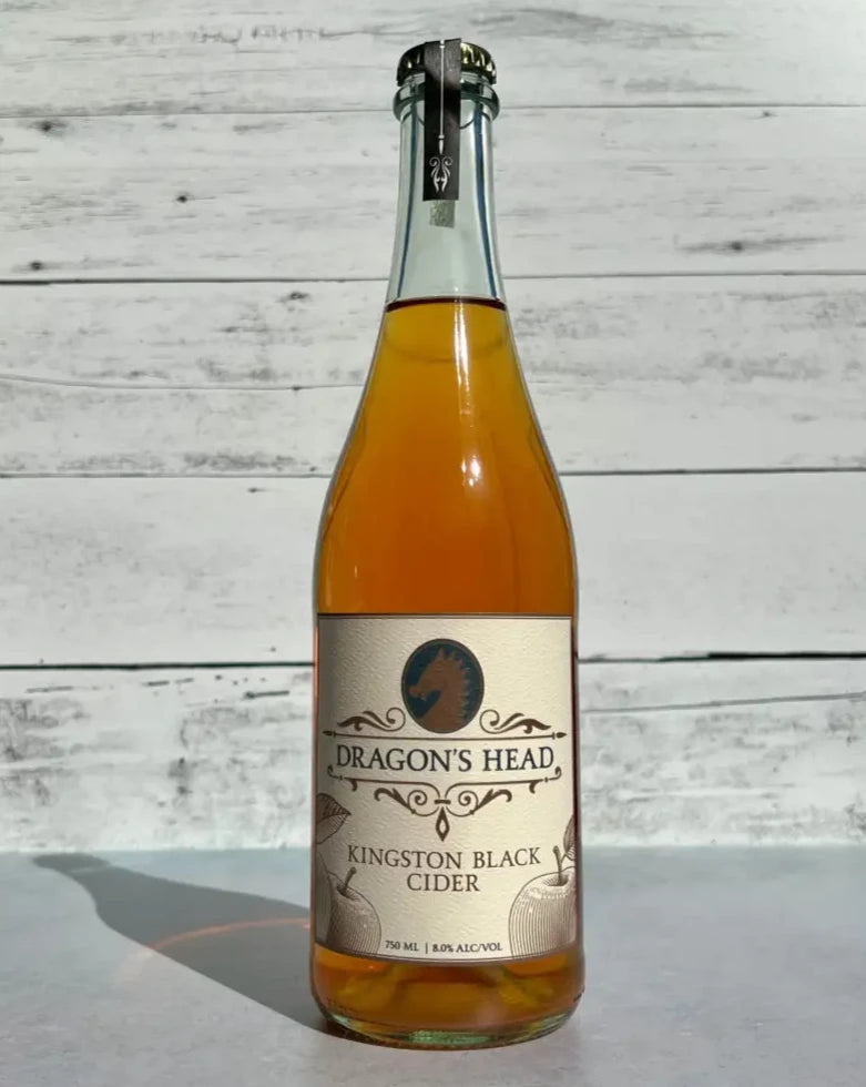 750 mL clear glass bottle of Dragon's Head Kingston Black Cider