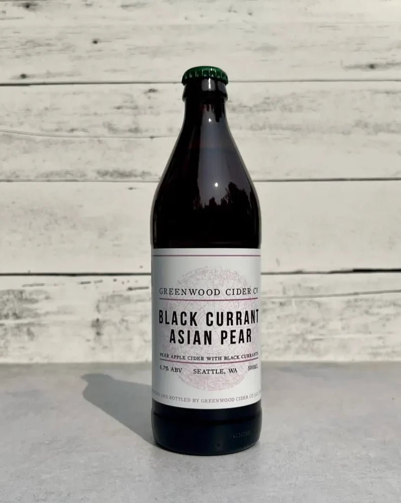 500 mL bottle of Greenwood Cider Black Currant Asian Pear cider - Seattle, WA