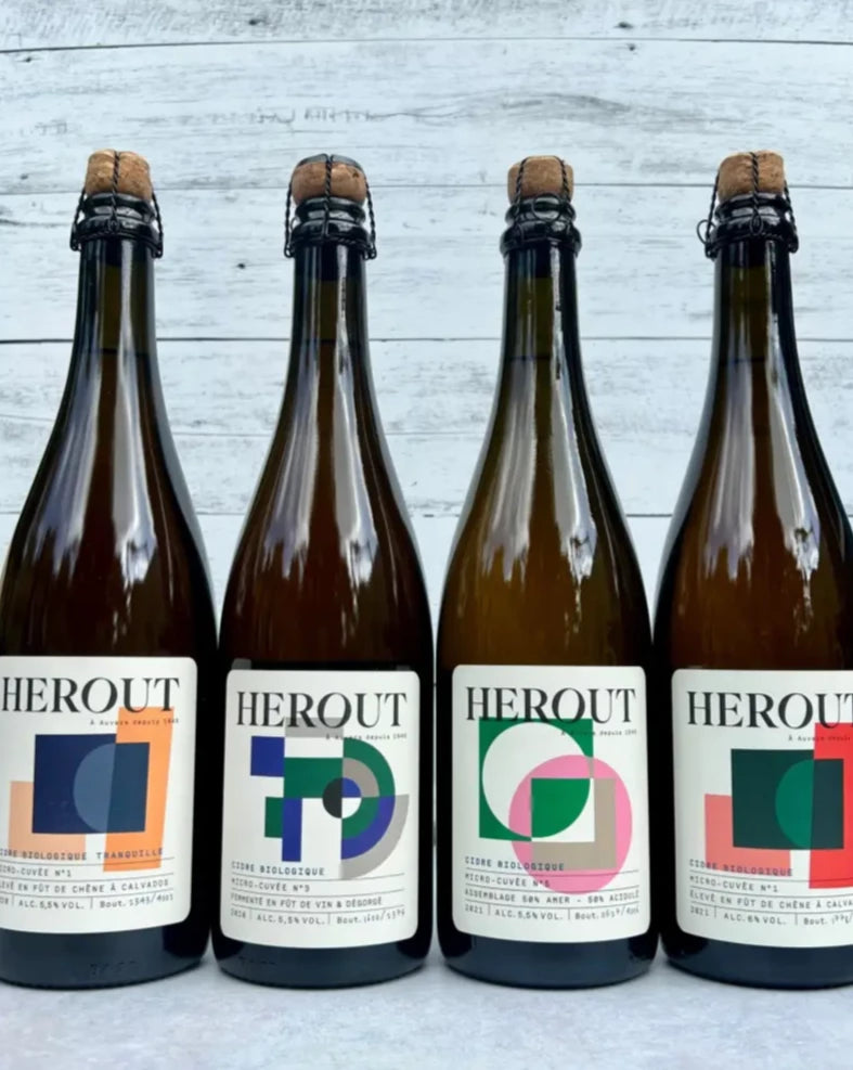 Four bottles of Herout Cider Premium Cuvee (Micro-Cuvee No. 1 2020, Micro-Cuvee No. 3 2020, Micro-Cuvee No. 3 2021, Micro-Cuvee No. 1 2021)- Cidre Biologique - organic French cider