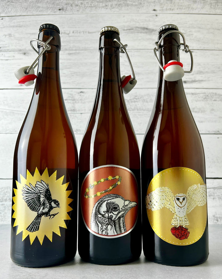 Three 750 mL bottles of Art + Science cider, depicting bird art on the labels - Clutch Cider, Birdbrain Perry, and Quince