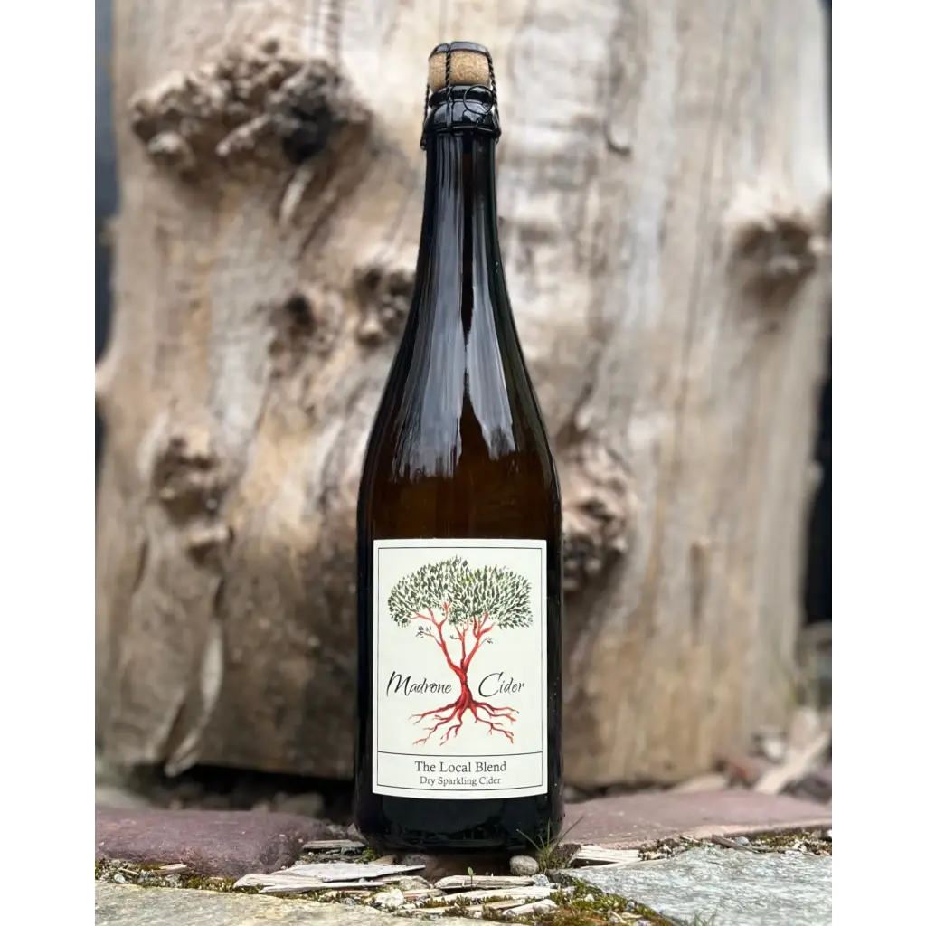 Madrone Cider The Local Blend sparkling cider in a brown bottle with cork and cage