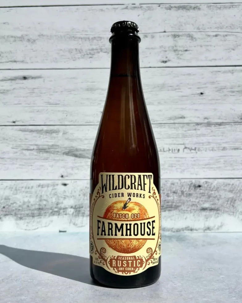 500 mL brown glass bottle of Wildcraft Ciderworks Farmhouse Batch 020 Rustic Cider