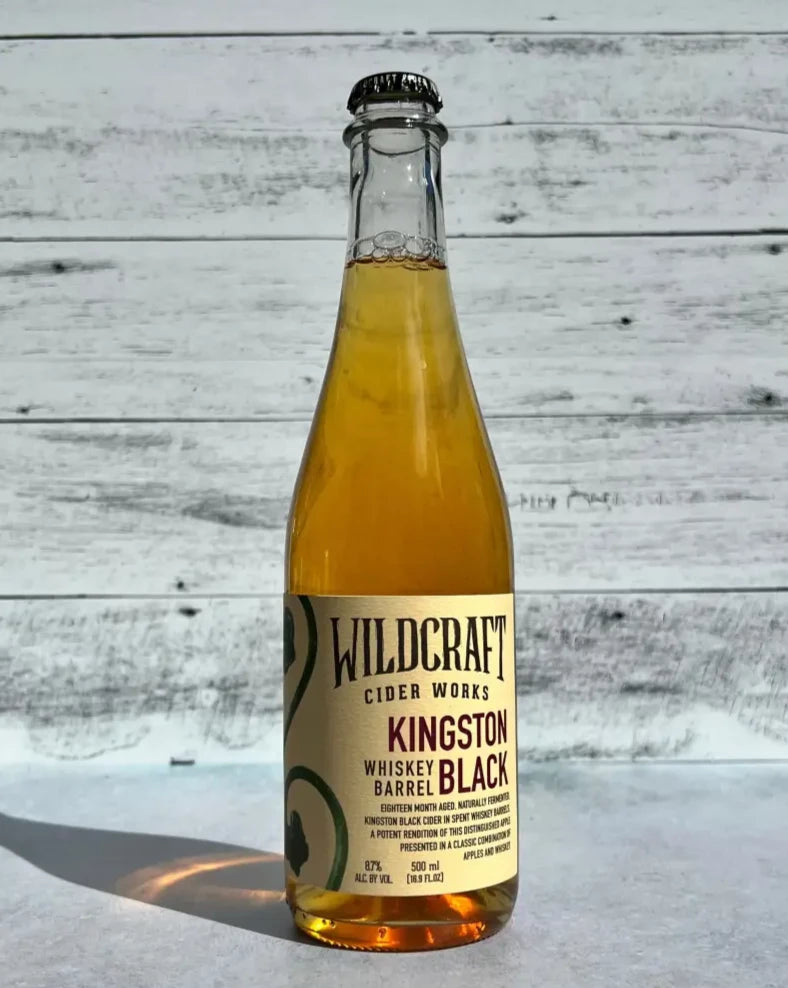 500 mL bottle of Wildcraft Ciderworks Kingston Black Whiskey Barrel Cider